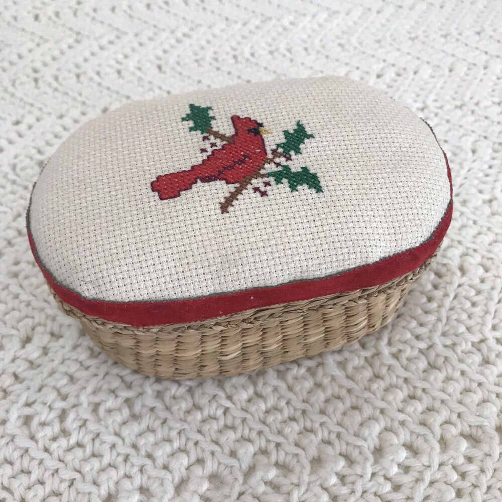 Cottagecore Vintage Cross Stitch Cardinal Bird on Branch Woven Box Basket